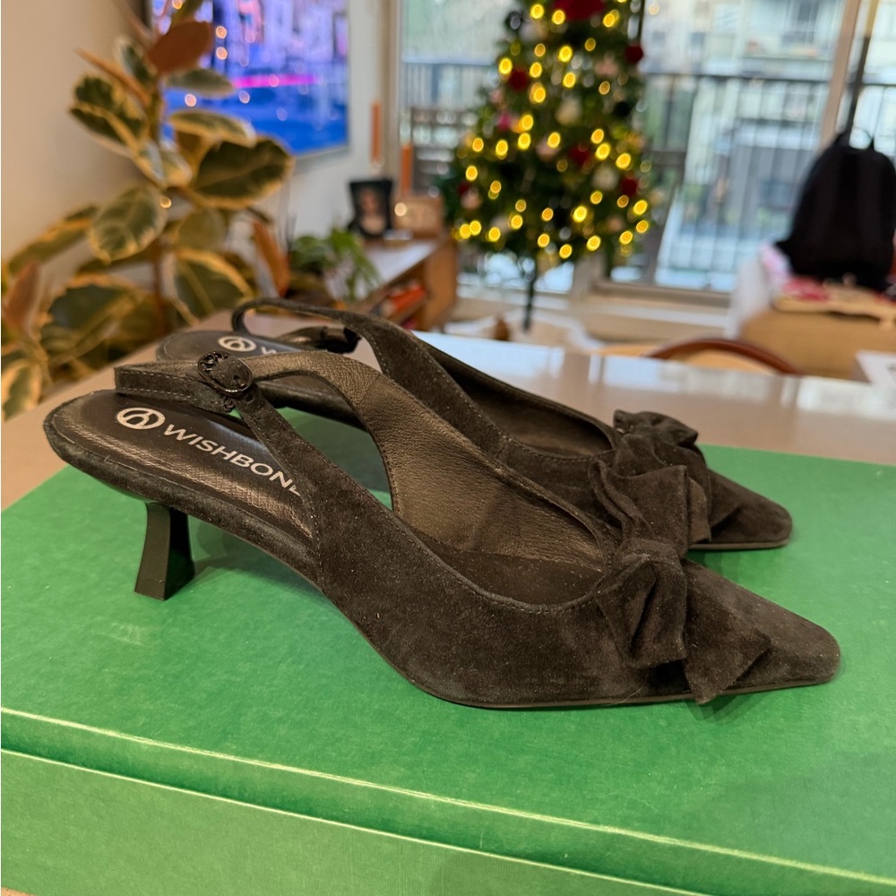 Wishbone Black Suede Heels with Bow